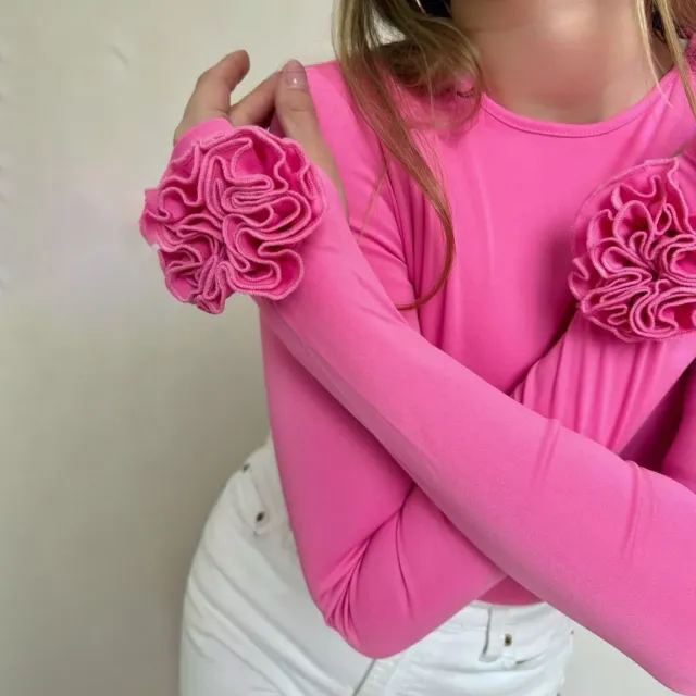 Three dimensional Floral Long Sleeve Niche Round Neck Slim fit Tops Rose - Shop at LoveMi