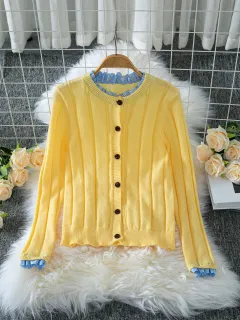 Autumn Ruffled Stitching Slim-fit Crop-top Outer Sweater Cardigan - Yellow - View 1