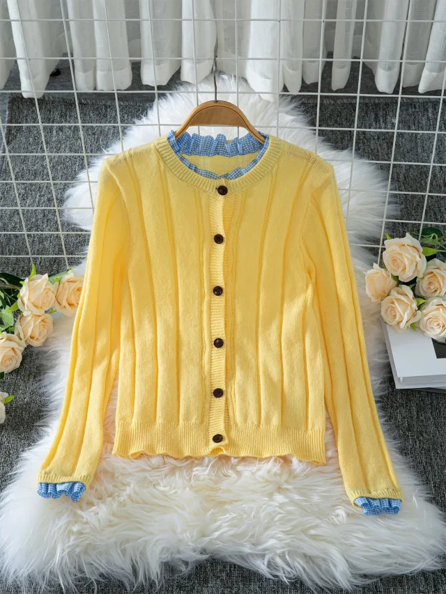Autumn Ruffled Stitching Slim fit Crop top Outer Sweater Cardigan Yellow - Shop at LoveMi