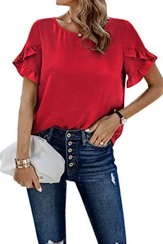 Casual Pleated Short Sleeves Summer Loose Shirt Solid Color Round Neck Shirt Waist Top Red - Shop at LoveMi