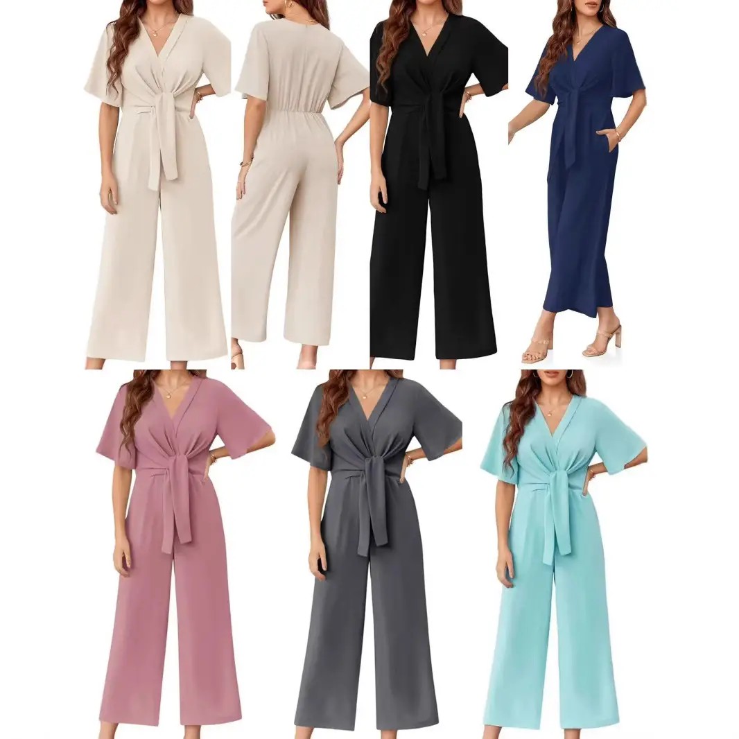 Solid Color And V-neck Minimalist Design Short-sleeved Jumpsuit