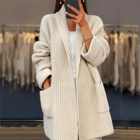 Lapel Knitted Cardigan with Pockets Fashion Casual Loose Sweater
