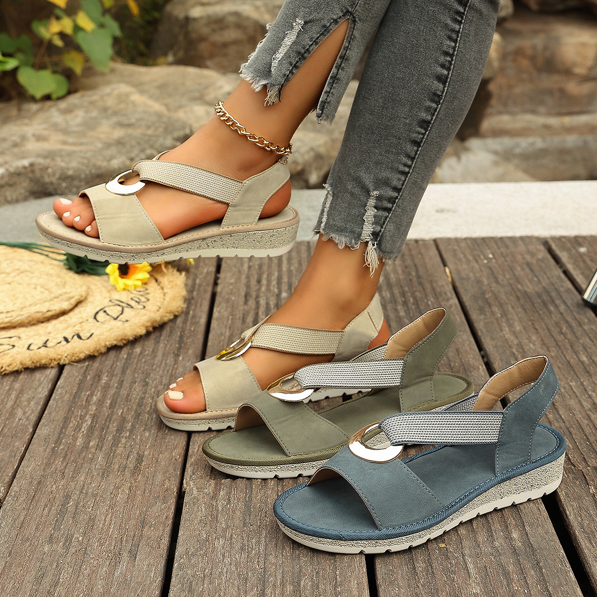 Plus-size Fish-mouth Wedge Sandals With A Jute Sole And Elastic Strap