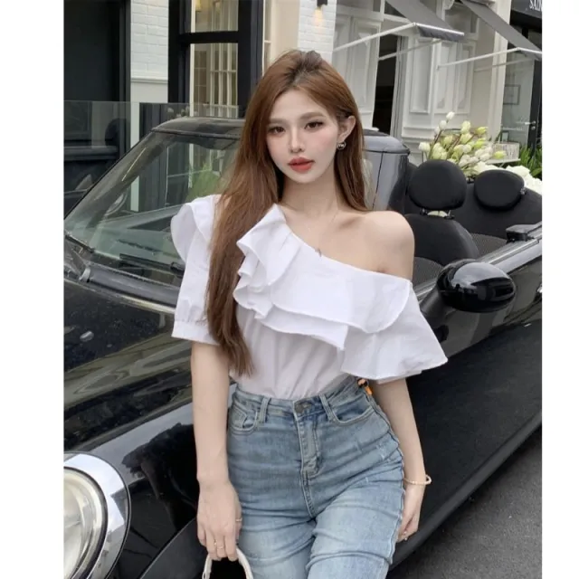 Women's Ruffled Off the shoulder Long Sleeve Design Elegant Socialite Shirt White Short Sleeve - Shop at LoveMi