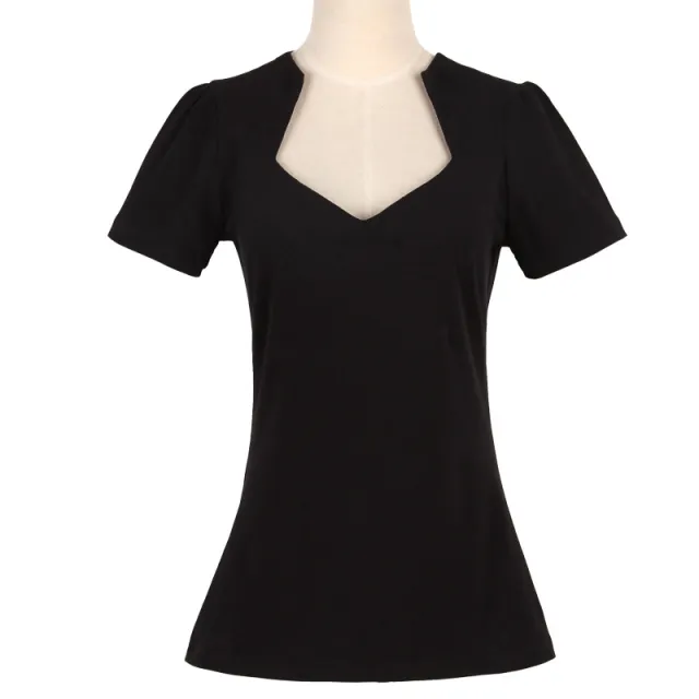 Solid Color Loose Half open Collar Women's Short sleeved Top Black - Shop at LoveMi
