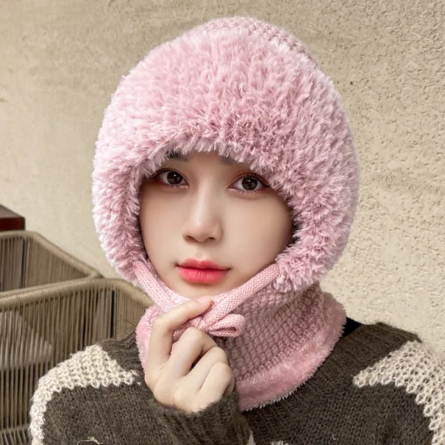 Fleece lined Thickened Knitting Warm Neck Protection Windproof Hat Pink - Shop at LoveMi