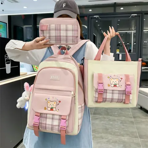 Large Capacity High School Plaid Three-piece Set Junior Student