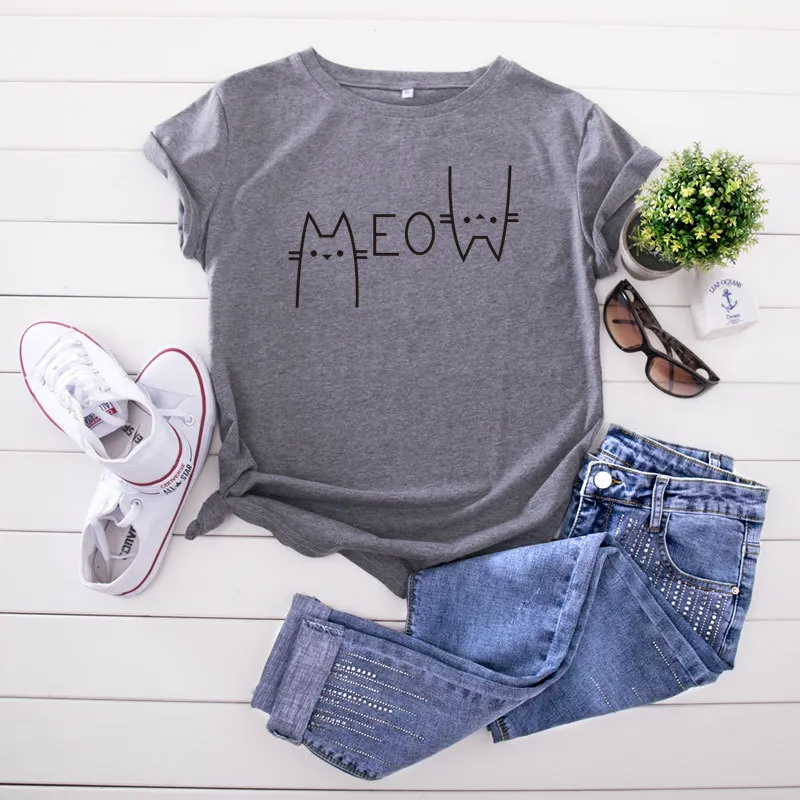 Creative Casual Cat Letter Cotton Short-sleeved T-shirt Women's Clothing - Gray