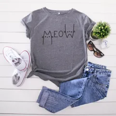 Creative Casual Cat Letter Cotton Short-sleeved T-shirt Women's Clothing - Gray - View 1