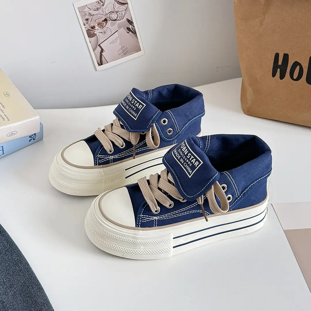Womens Thick-Soled High-Top Canvas Shoes Black All-Match Sports Casual Sneakers With Height-Boosting Sole