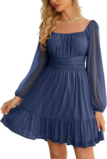 European And American Womens Mesh Long Sleeve Square Neck Dress Blue - Shop at LoveMi