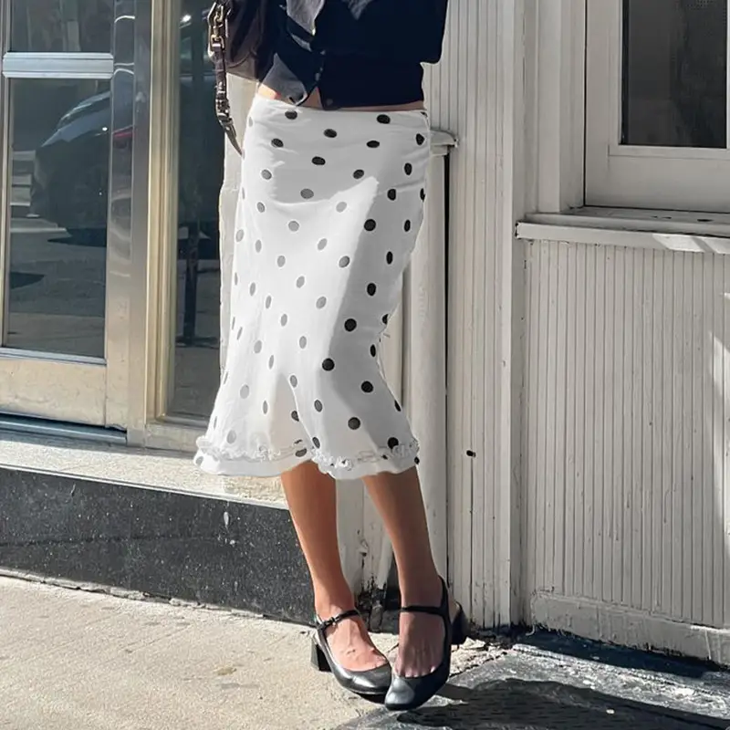 Retro Print Polka Dot Ruffle Hem Elegant Skirt Streetwear Low-Waist Versatile Midi Skirt