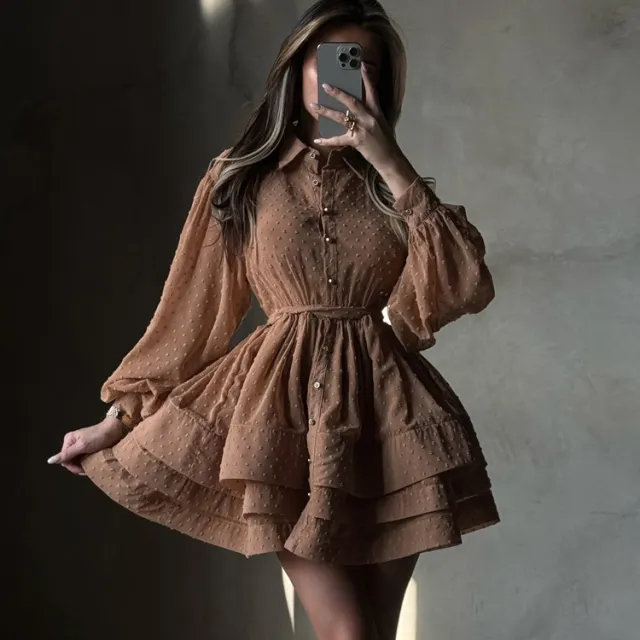 Lapel collar Long sleeve Single breasted Button up Belted Shirt Dress Brown - Shop at LoveMi