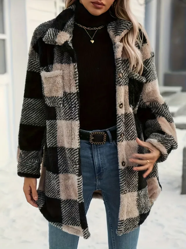 Womens Autumn Winter Long Sleeve Plaid Fleece Coat With Dual Pockets In Plus Sizes Black - Shop at LoveMi