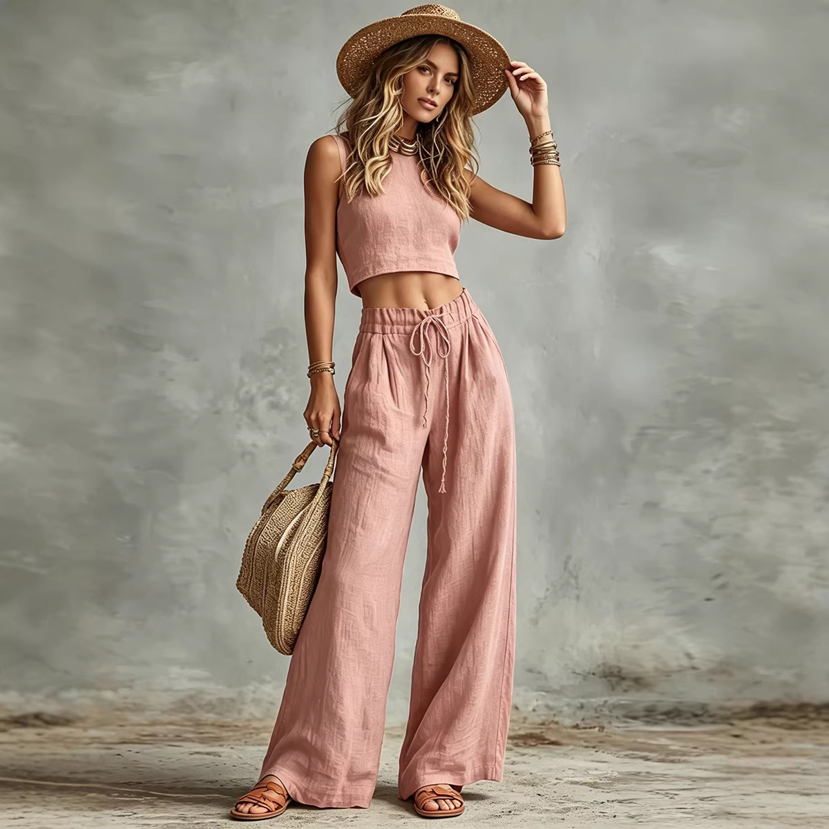 Vest Drawstring High-Waist Wide-Leg Pants Two-Piece Set 4
