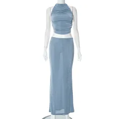 Women's Fashion Solid Colour Casual Sleeveless Vest Slim Fit Long Dress Suit - Grey - View 1