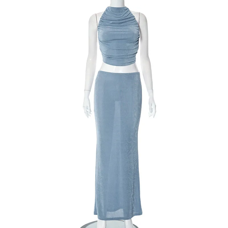 Women's Fashion Solid Colour Casual Sleeveless Vest Slim Fit Long Dress Suit - Grey