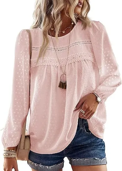 Bohemian Minimalist Chic Round neck Chiffon Top With Multicolored Lace Trim Pink - Shop at LoveMi