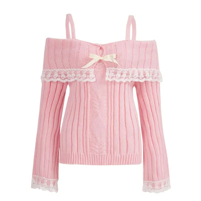 Women's Solid Color Lace Sweater Pink - Shop at LoveMi