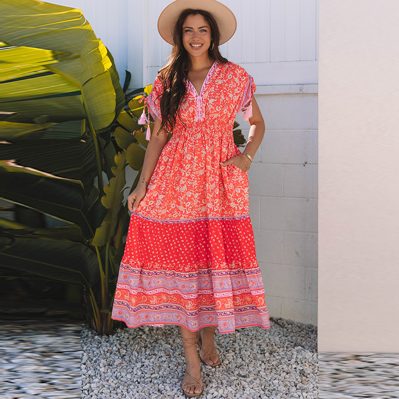 Women's High Waist A- Line Floral Printed V-neck Dress