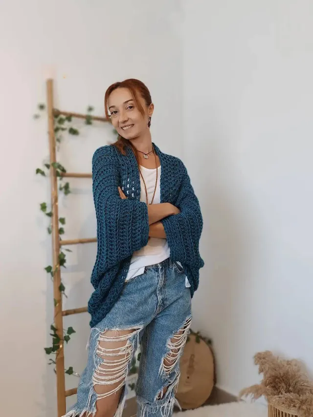 Women's Loose Sweater Coat With Shawl Blue - Shop at LoveMi