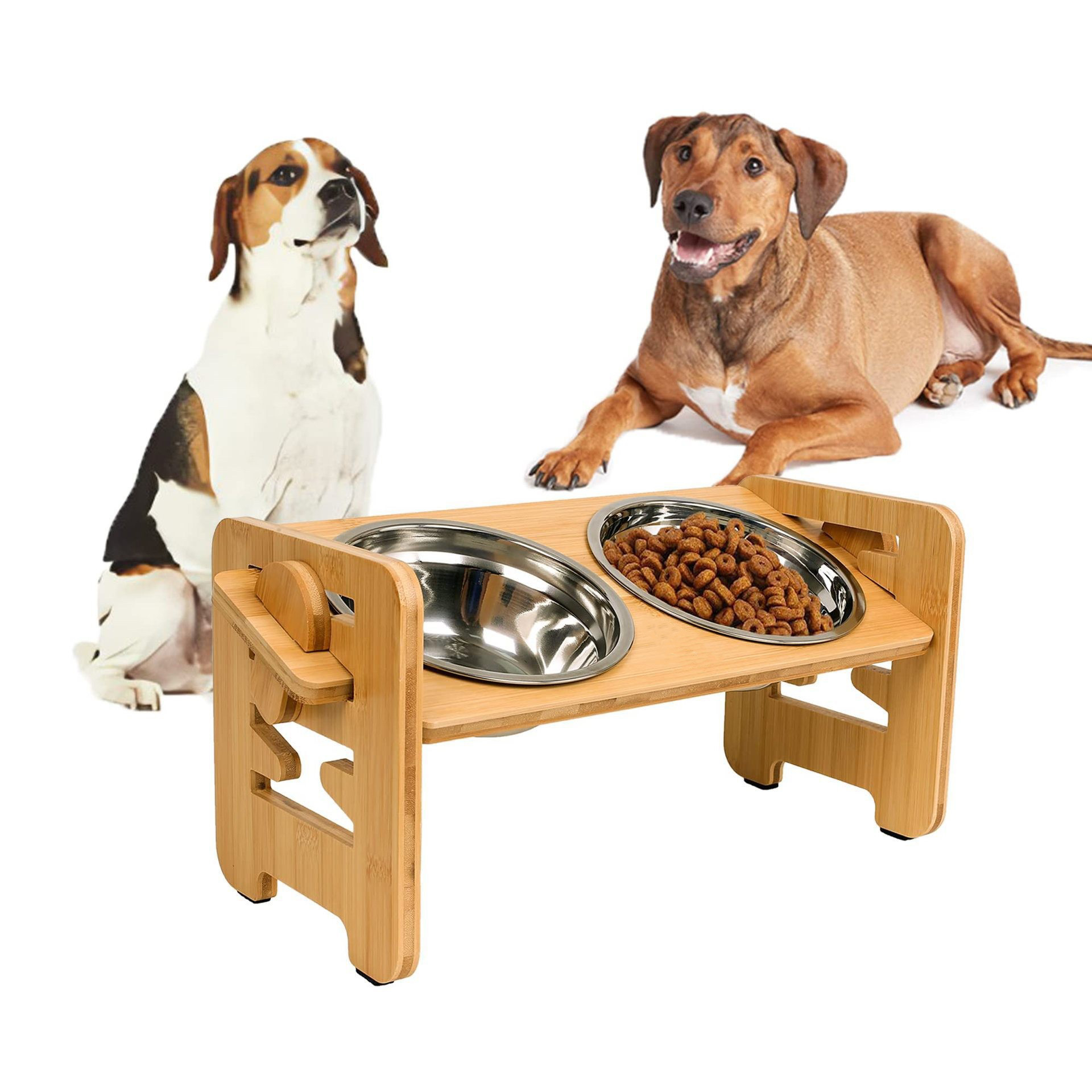 Bamboo And Wood Cat And Dog Bowl Rack, Pet Double-bowl Food And Water Bowls, For Small To Medium-sized Pets