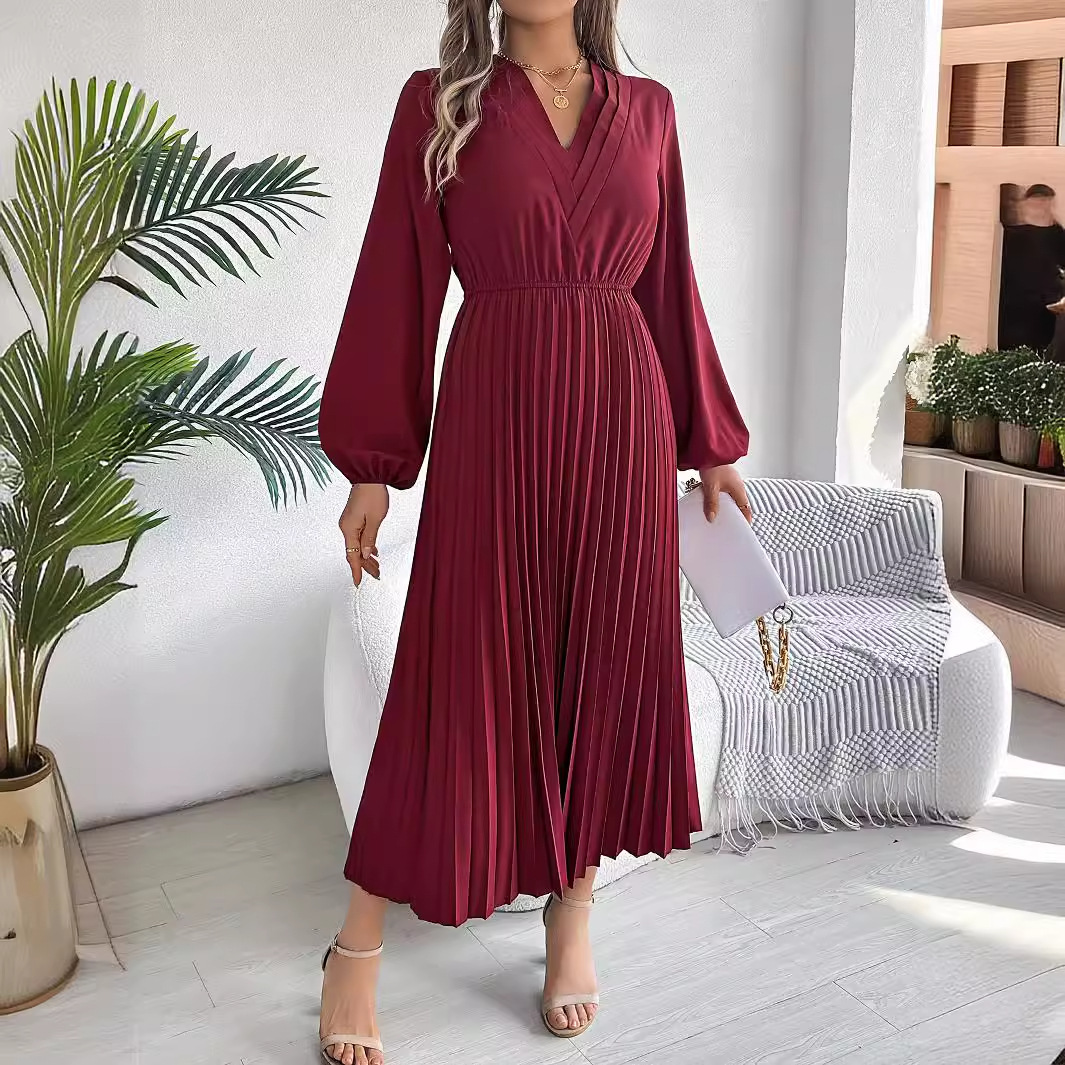 Elegant Womens Long Pleated Dress With A Triple V-Neck Long Sleeves And A Defined Waist