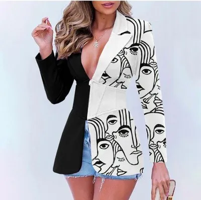 Women's Printed Contrast Color Lapels Blazer Face Printing - Shop at LoveMi