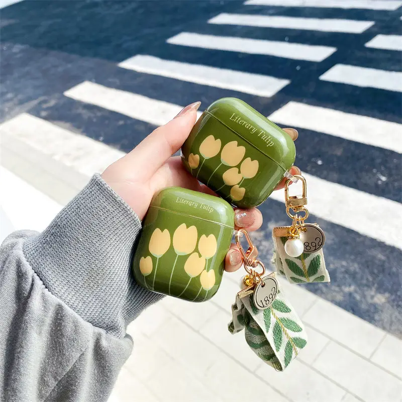 Retro Green Tulip Bluetooth Wireless Earphone Case Pendant Soft Case