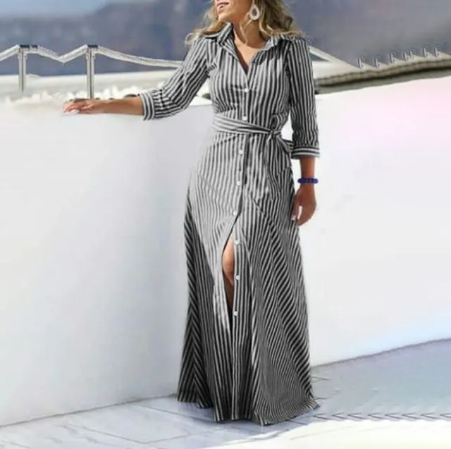 Striped Bohemian Three quarter Length Sleeves Cardigan Dress Black - Shop at LoveMi
