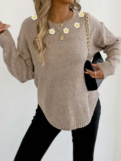 Women's Crochet Patchwork Round Neck Comfort And Casual Sweater - Apricot - View 1
