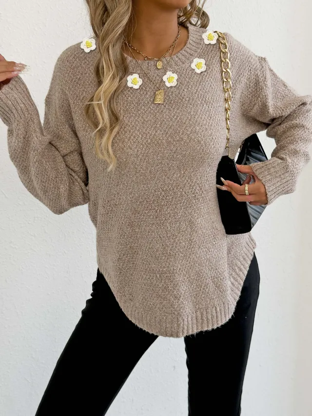 Women's Crochet Patchwork Round Neck Comfort And Casual Sweater Apricot - Shop at LoveMi