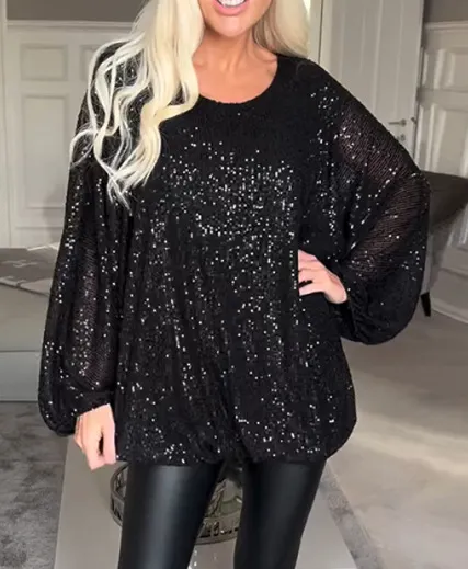 European And American New Round neck Sequin Long sleeve Loose Top Black - Shop at LoveMi