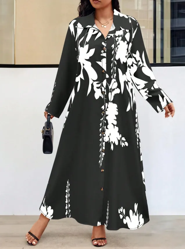 Printed Small Stand Collar Button down Holiday Oversized Dress Black - Shop at LoveMi