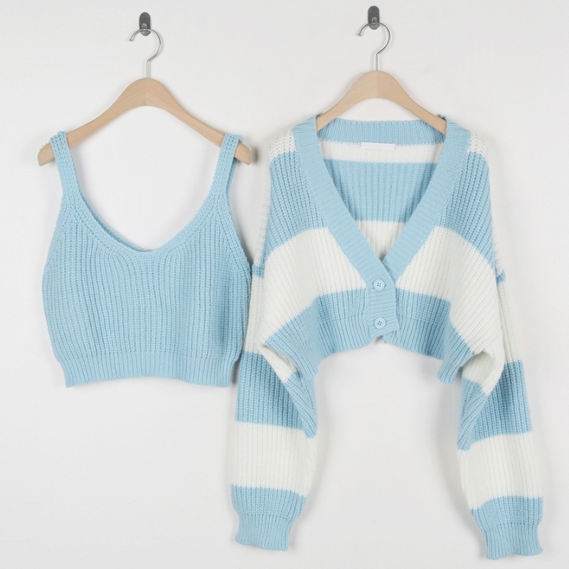 Women's Clothing Two-piece Set Sweater Striped Short Style Fashionable Knitted Suit