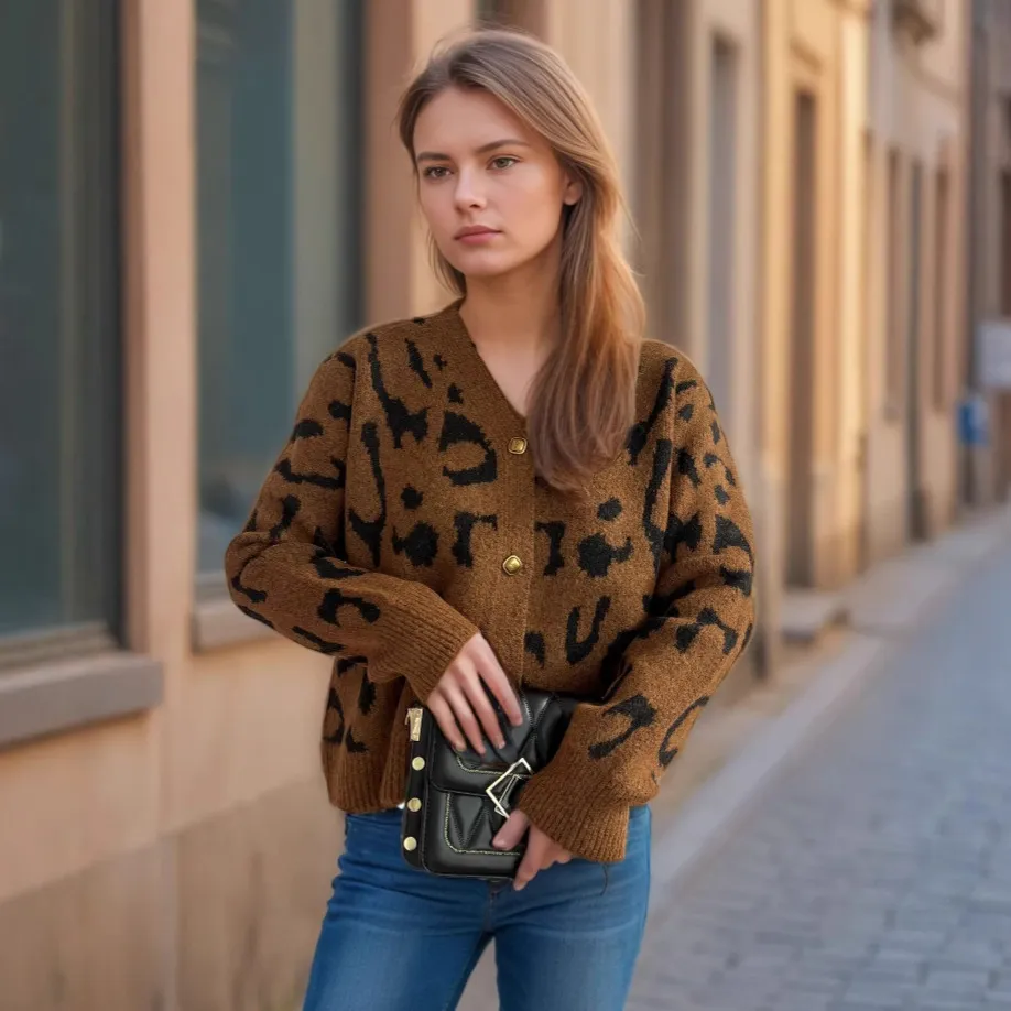 Women's Leopard Print Short Sweater V-neck Casual Knitted Cardigan Top - Caramel