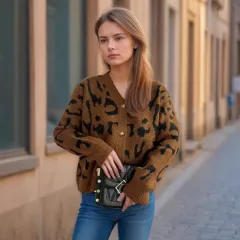 Women's Leopard Print Short Sweater V-neck Casual Knitted Cardigan Top - Caramel - View 1