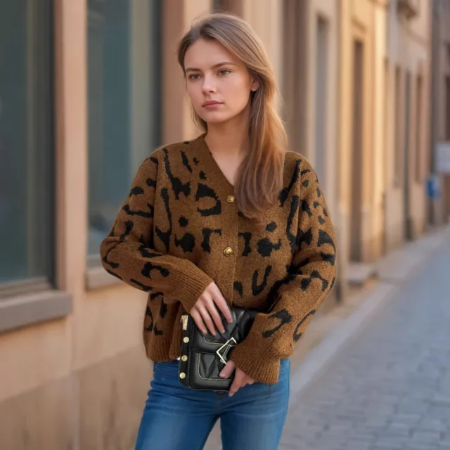 Women's Leopard Print Short Sweater V neck Casual Knitted Cardigan Top Caramel - Shop at LoveMi