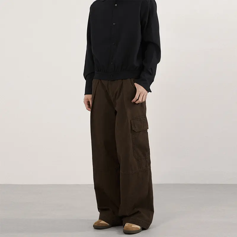 Multi-pocket Patchwork Pleated Wide-leg Work Pants