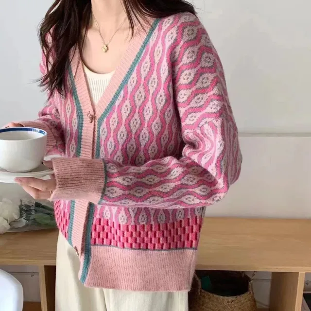 Women's Retro Casual V neck Bear Button Sweater Cardigan Coat Pink - Shop at LoveMi