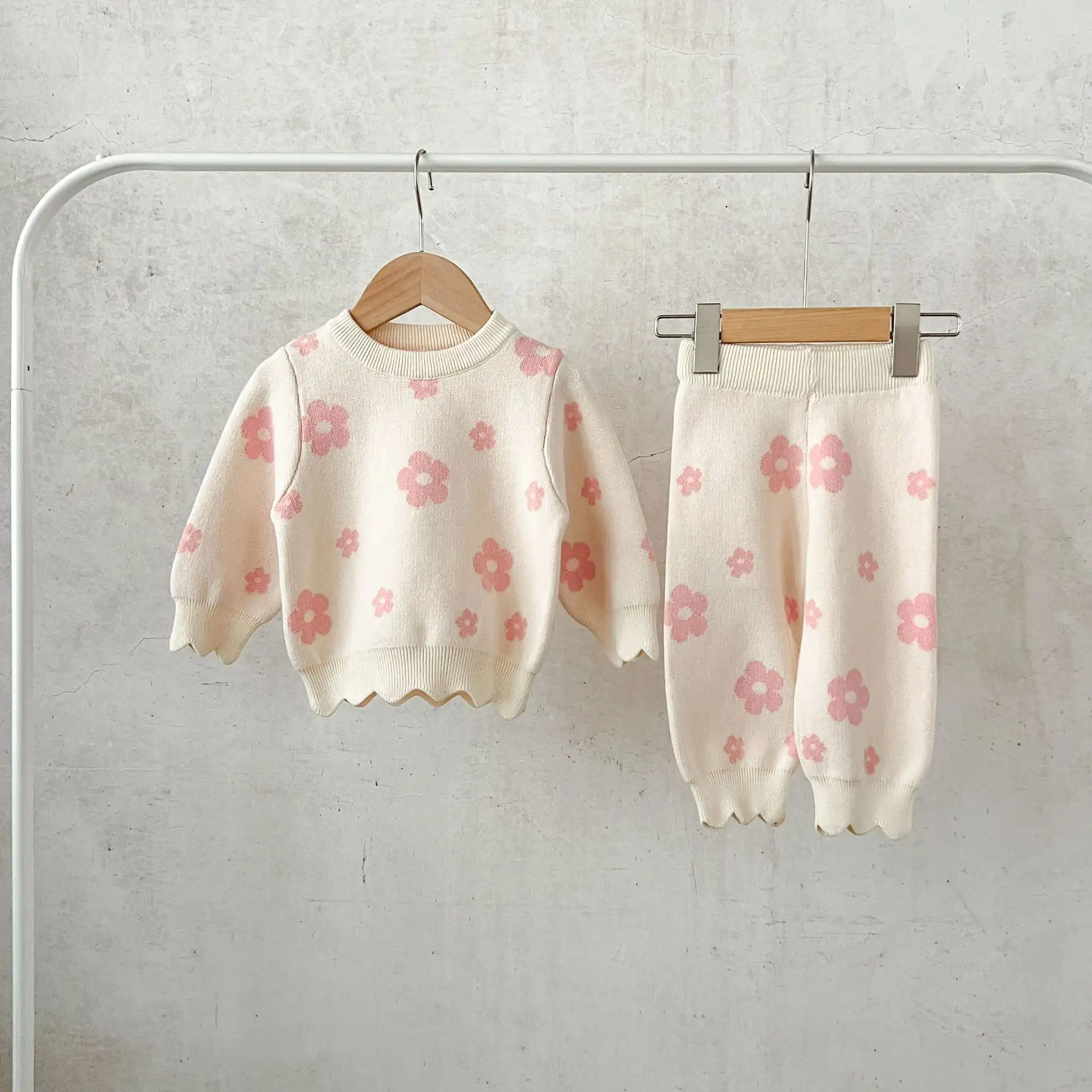 Ins Korean Style Girls' Baby Cotton Flower Wool Suit Infant Toddler Loose Sweater Top Loose Trousers