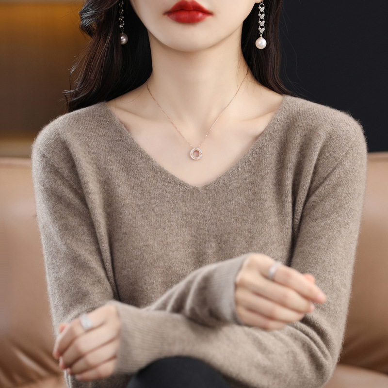 Women's Knitted New V neck Pullover Sweater Wool Base Shirt Purple Cashmere - Shop at LoveMi