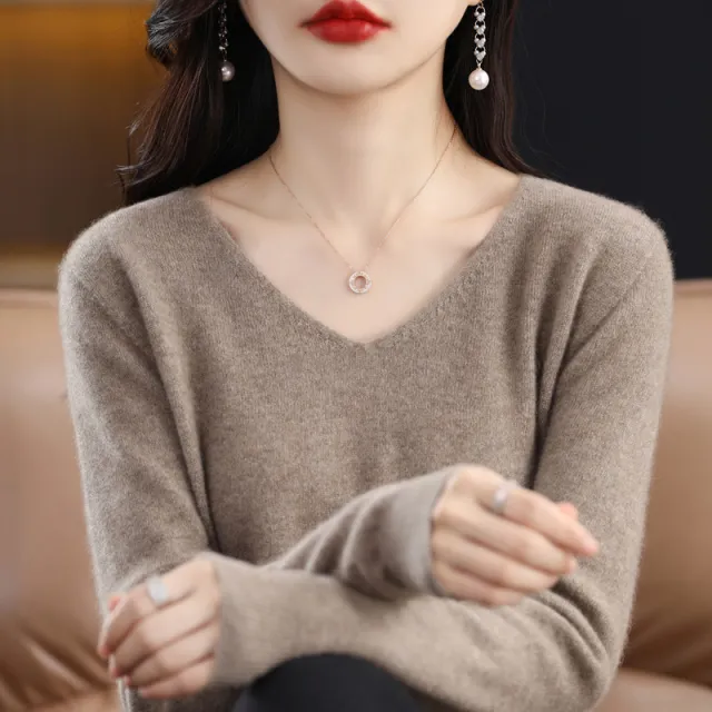 Women's Knitted New V neck Pullover Sweater Wool Base Shirt Purple Cashmere - Shop at LoveMi