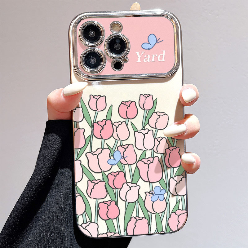 Large-screen-compatible Electroplated Flower Phone Case Protector With Oil Painting Design Drop-resistant