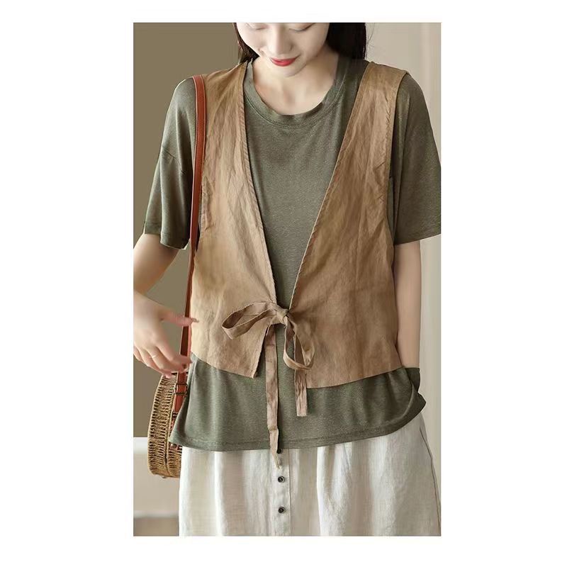 Versatile Ethnic-Style Cotton-Linen Solid-Color Lace-Up Vest Top For Women