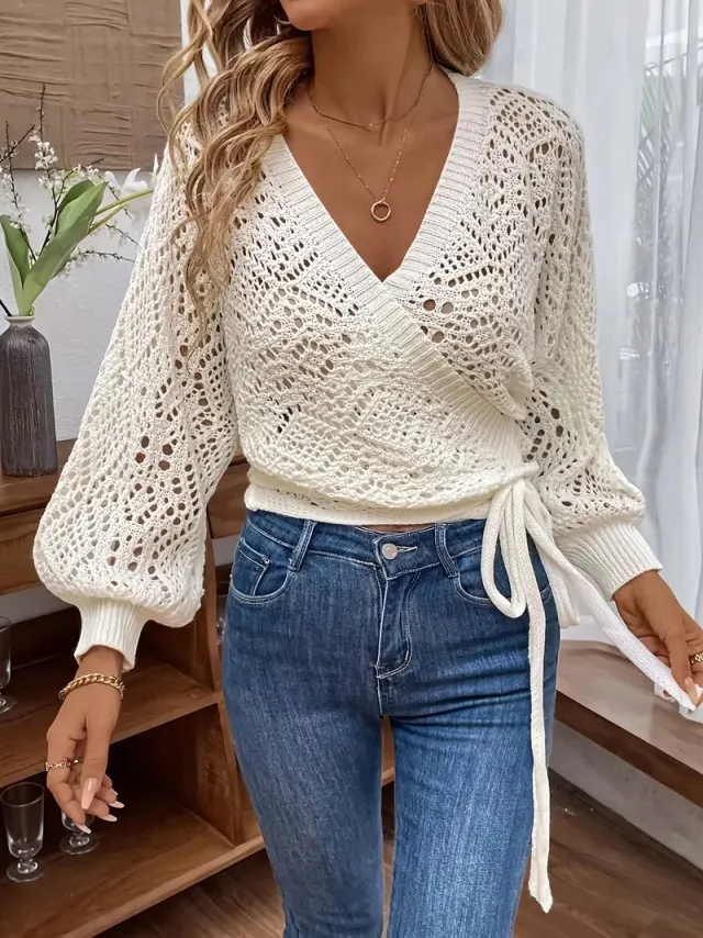 Solid Color And V neck Lace up Elegant Lantern Sleeve Long Sleeve Milky White - Shop at LoveMi