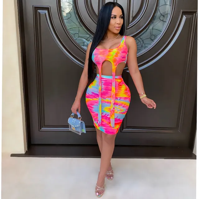 Printed Tie dye Casual Skirt Outfit Vest Two piece Set Color - Shop at LoveMi