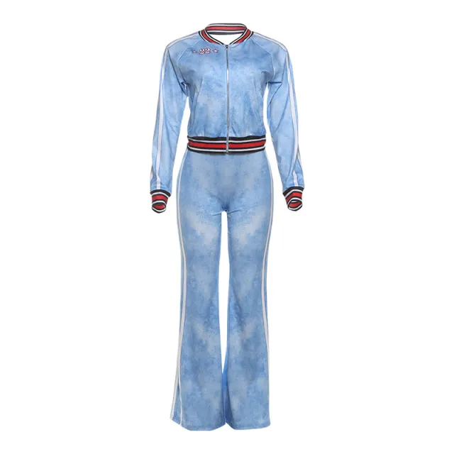 Striped Color block Long sleeve Top And Flared leg Casual Pants Set Blue - Shop at LoveMi