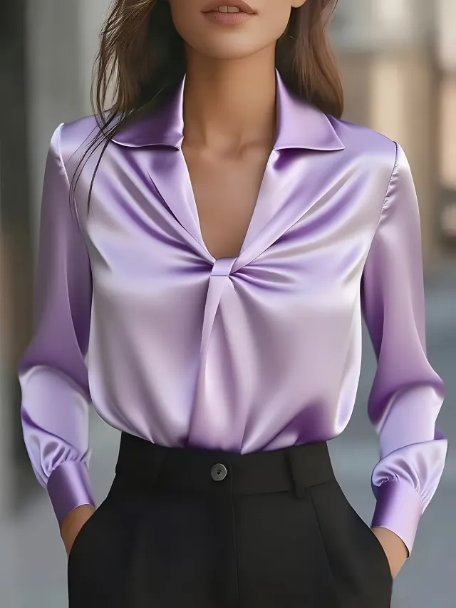 Autumn Fashion Temperament Solid Color Satin Pleated Long Sleeve Shirt Women Violet Xl - Shop at LoveMi