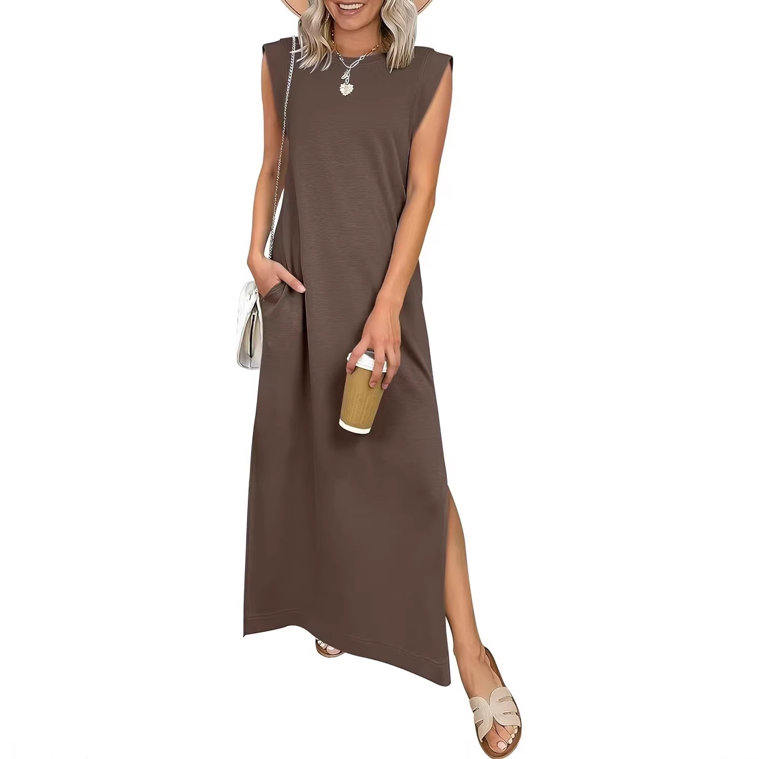 Women's Round Neck Raglan Sleeve Pocket Long Dress